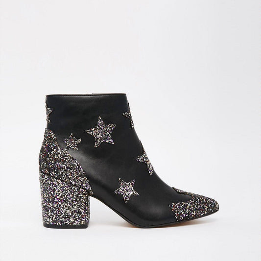 Black Almond Toe Glitter Patchwork Star Ankle Boots with Block Heel