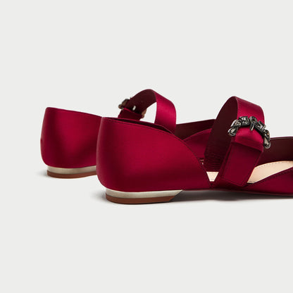 Women's Maroon Satin Pointy Toe Flats Crystal Buckle Mary Jane Shoes