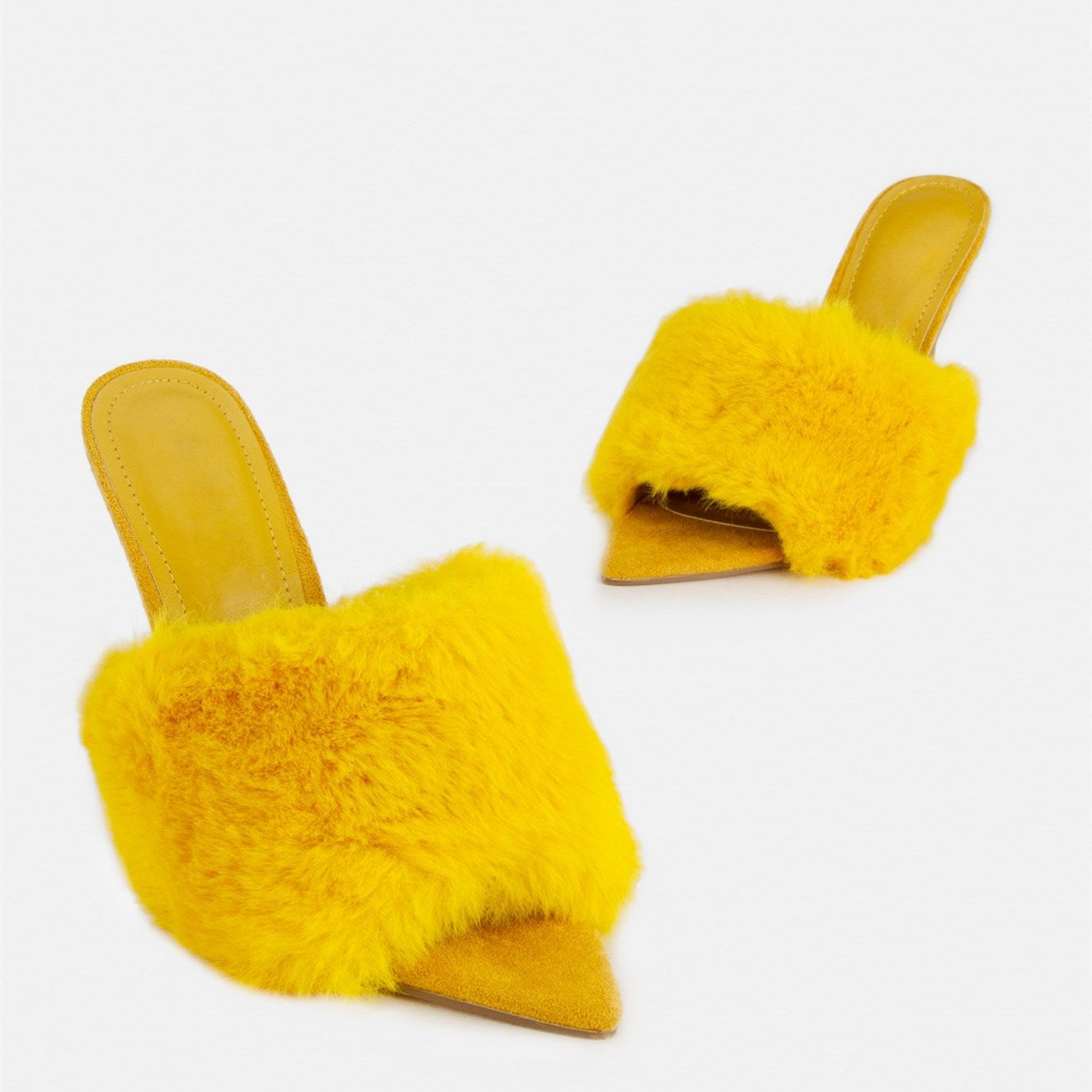 Yellow Peep Toe Stiletto Heel Faux Fur Trending Mules Shoes