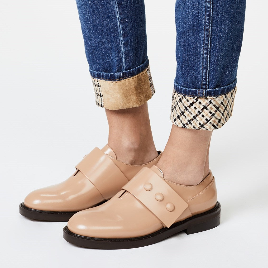 Beige Round Toe Agraffe Flats Women's Loafers