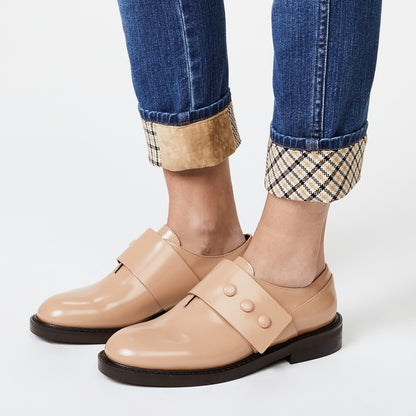 Beige Round Toe Agraffe Flats Women's Loafers