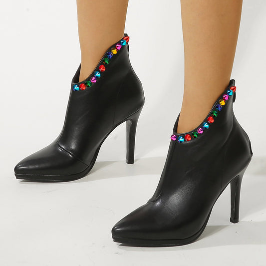 Black Pointed Toe Stiletto Heel Low Cut Ankle Boots with Rivets