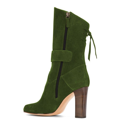 Green Vegan Suede Square Toe Back Lace Up Chunky Heel Mid Calf Boots