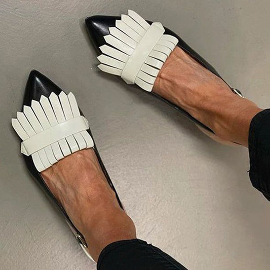 Black Pointed Toe White Fringe Embellished Slingback Flats