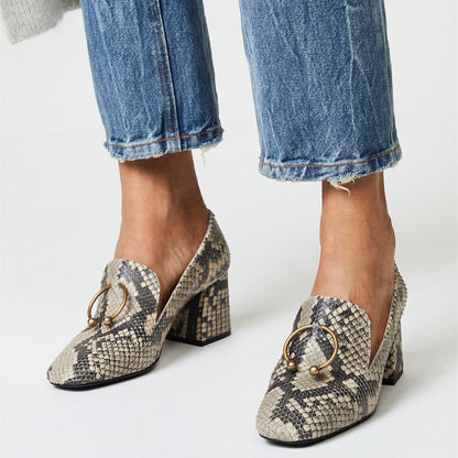 Beige Python Square Toe Heeled Loafers with Metal Ring