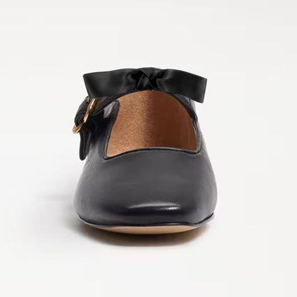 Black Square Toe  Flats With Buckle Chunky Low Heels