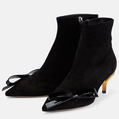 Black Faux Suede Closed Toe Decorative Heel Ankle Boots