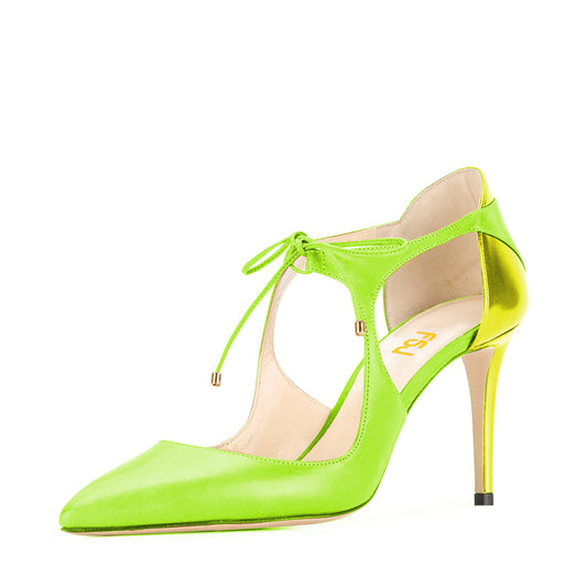 Women's Green Lace Up Heels Pointed Toe Patchwork Cut Out Pumps