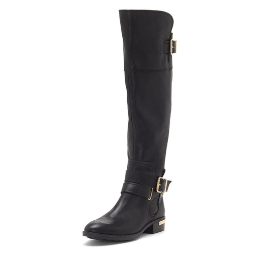 Women's Round Toe Buckle Strap Flat Knee High Boots in Black