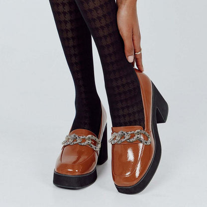 Women's Brown Square Toe Rhinestone Chain Accent Chunky Loafers