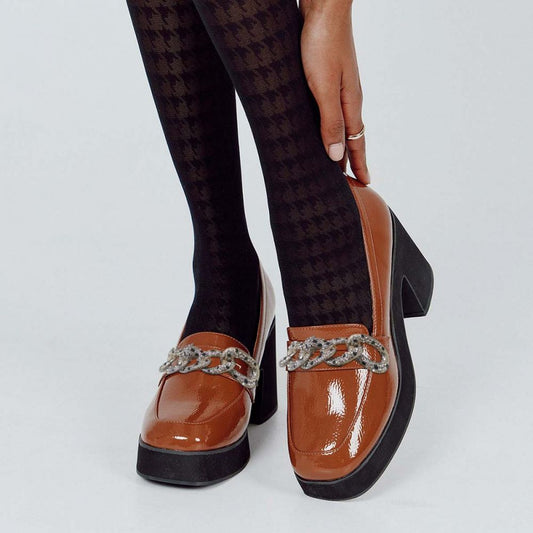 Women's Brown Square Toe Rhinestone Chain Accent Chunky Loafers