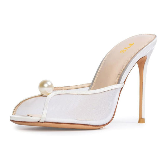 White Mesh Peep Toe Pearl Decor Stiletto Heel Mules Sandals