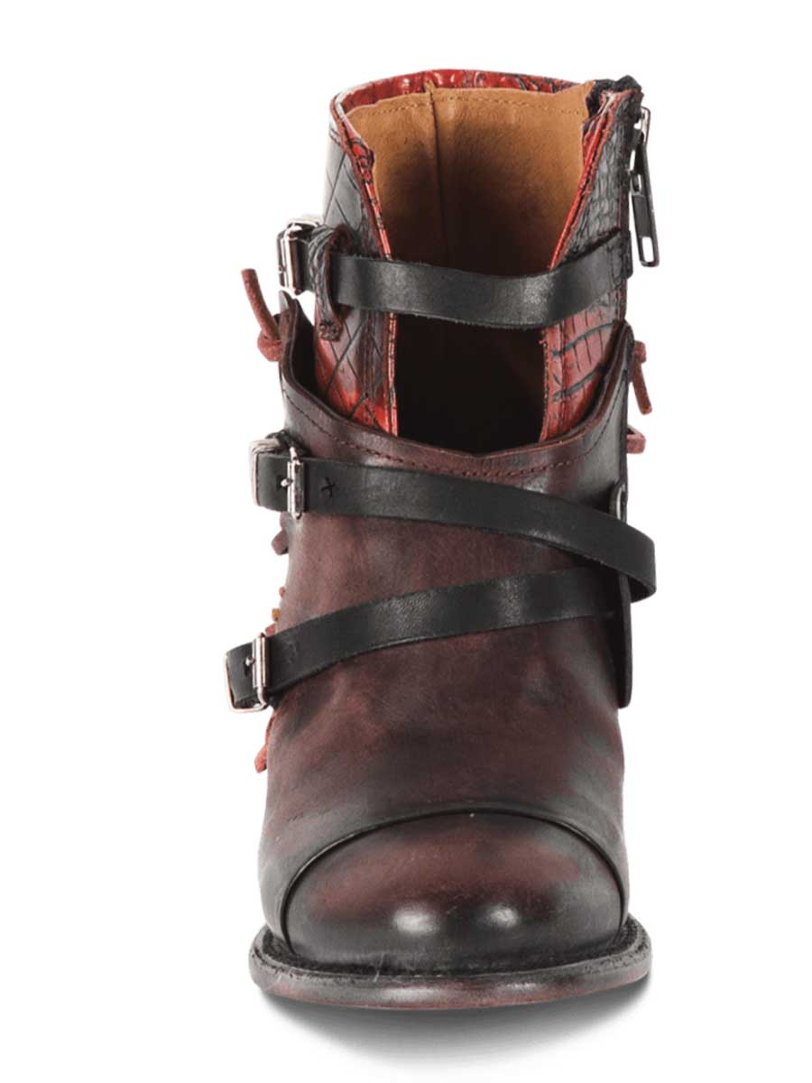 Brown Distressed Vegan Leather Round Toe Buckled Strappy Black Lacing Side-Zipper Ankle Boots With Chunky Heels