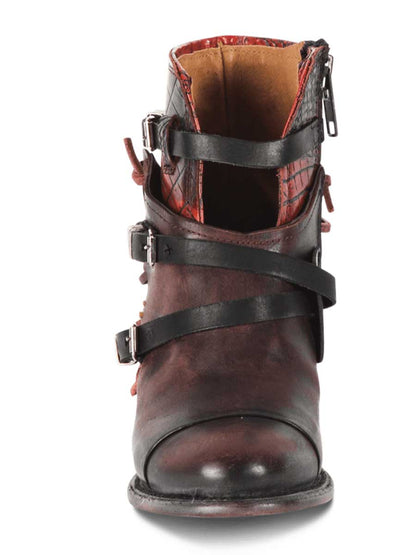 Brown Distressed Vegan Leather Round Toe Buckled Strappy Black Lacing Side-Zipper Ankle Boots With Chunky Heels