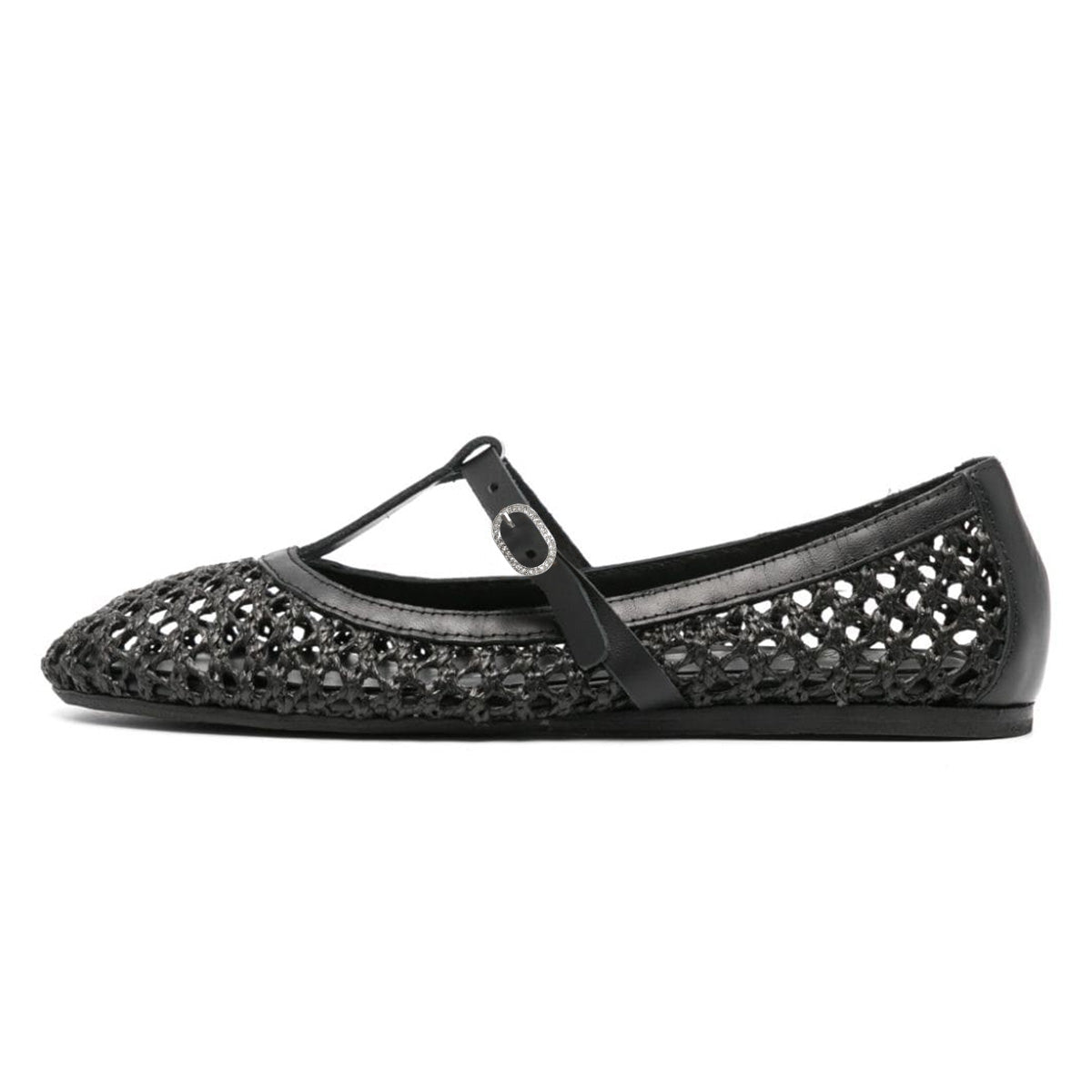 Black Raffia Woven Cut-Out T-Strap Rhinestone Buckled Ballet Flats