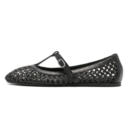 Black Raffia Woven Cut-Out T-Strap Rhinestone Buckled Ballet Flats