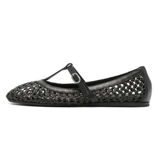 Black Raffia Woven Cut-Out T-Strap Rhinestone Buckled Ballet Flats