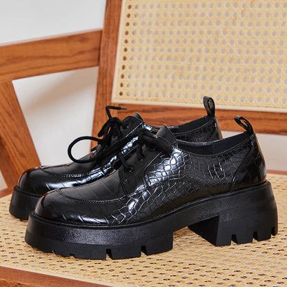 Black Croco Embossed Lug Sole Lace Up Women's Oxfords