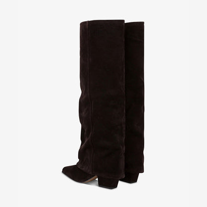 Dark Brown Pointed Toe Block Heel Fold Over Knee High Boots
