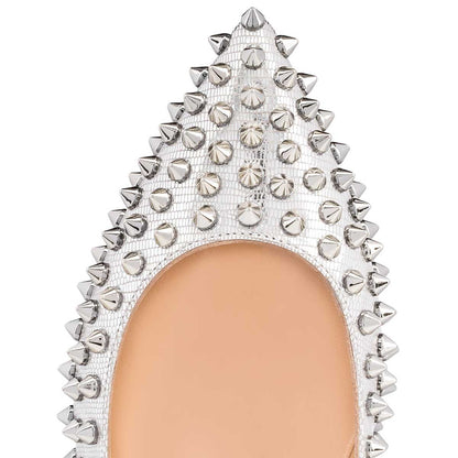 Metallic Silver Lizard Embossed Women's Pointed Toe Flats with Rivets