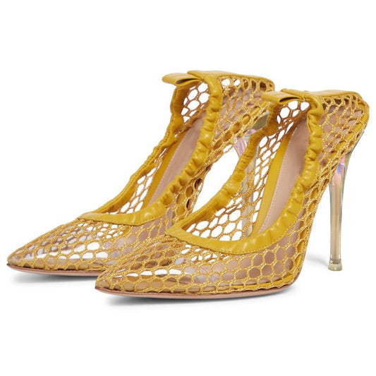 Yellow Mesh Closed Pointed Toe 4'' Stiletto Heel Pumps for Women