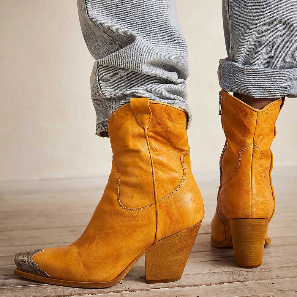 Yellow Square Toe Chunky Heel Metallic Accent Ankle Boots with Zipper
