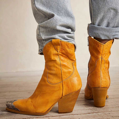 Yellow Square Toe Chunky Heel Metallic Accent Ankle Boots with Zipper