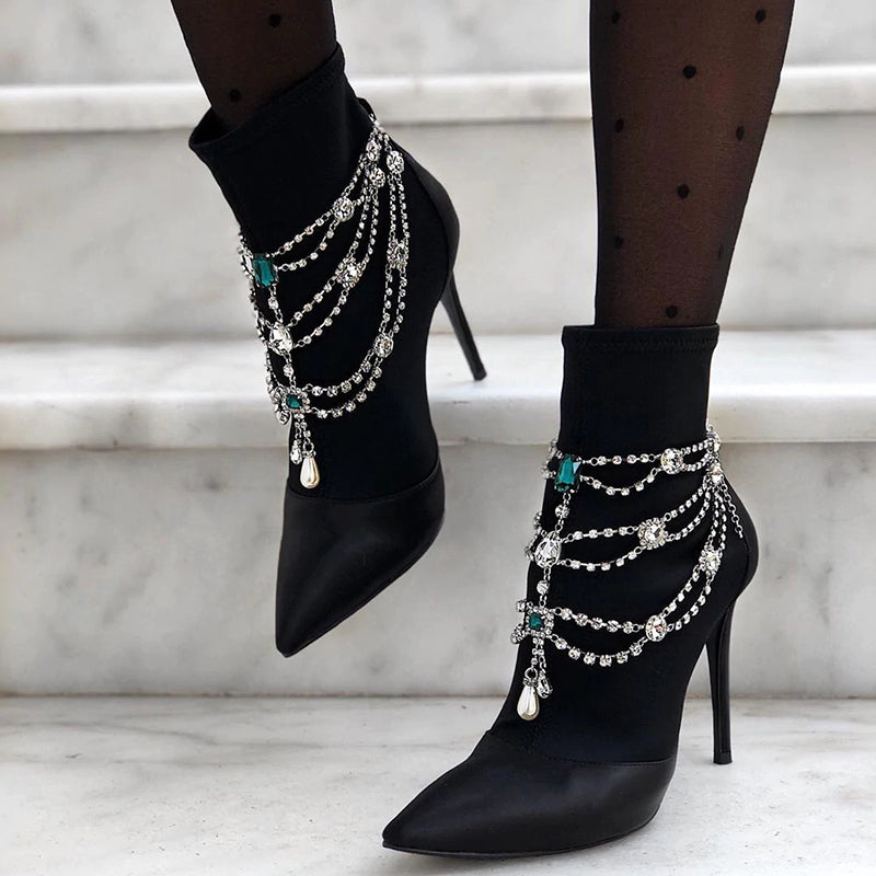 Black Satin Booties Faux Crystal Chain Stiletto Heel Ankle Boots