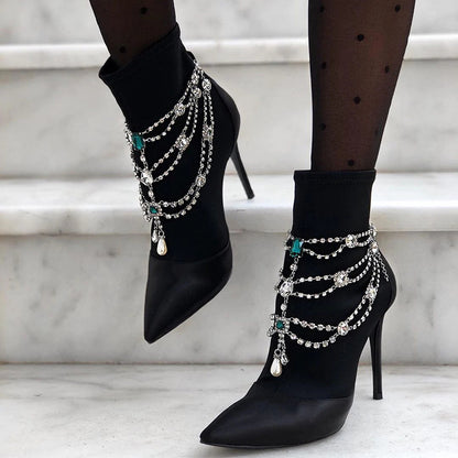 Black Satin Booties Faux Crystal Chain Stiletto Heel Ankle Boots
