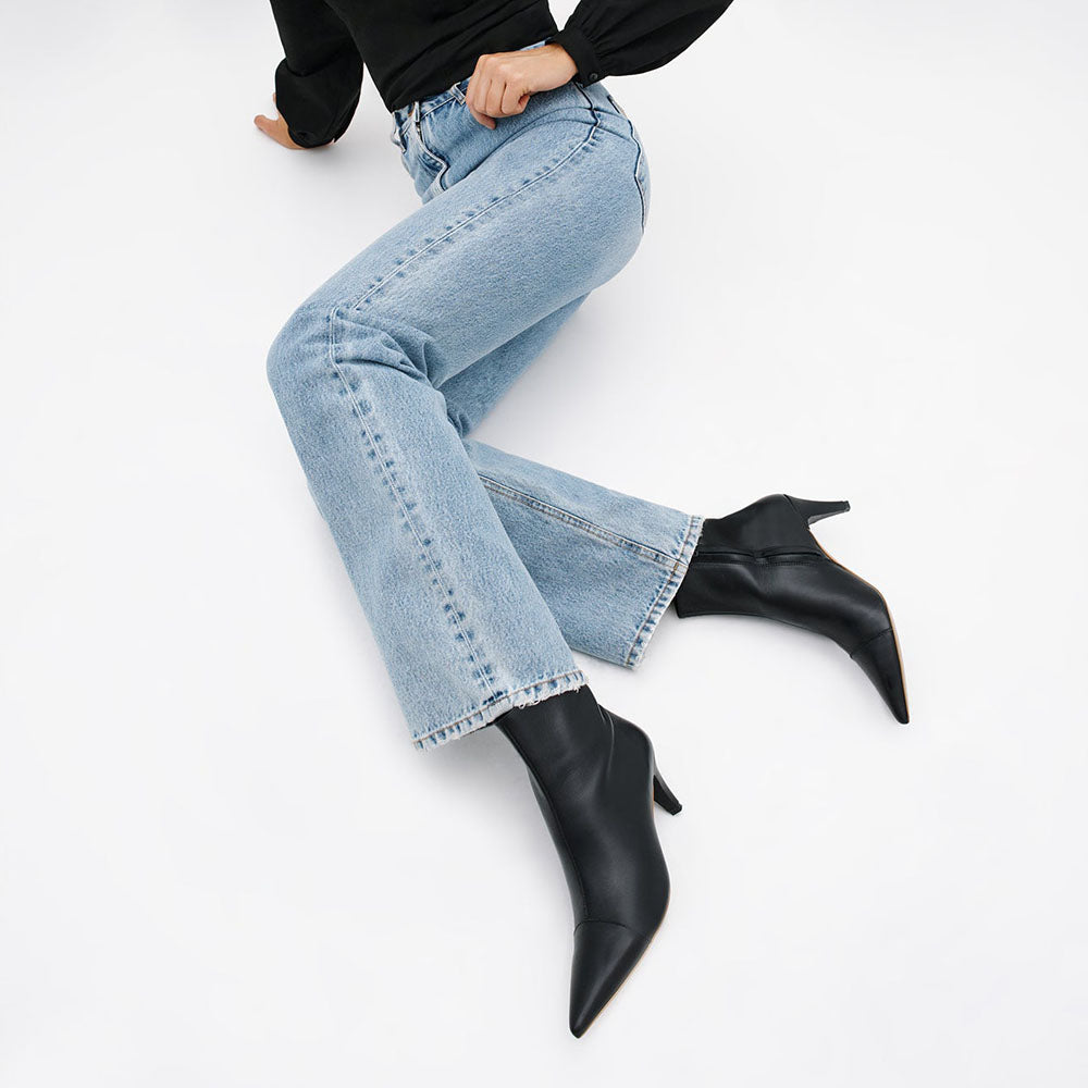 Women's Classic Black Pointed Toe Kitten Heel Ankle Boots with Zipper