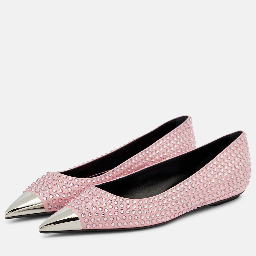 Pink Satin Pointed Toe Rhinestone Embellished Slip-On Ballet Flats