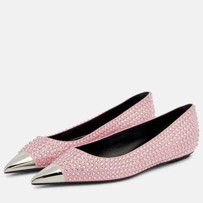 Pink Satin Pointed Toe Rhinestone Embellished Slip-On Ballet Flats