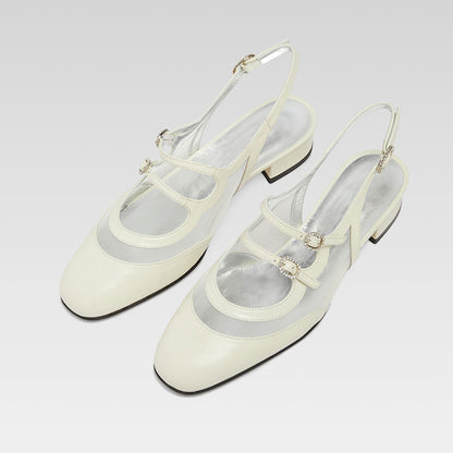 White Mesh Rhinestone Buckle Straps Mary Jane Flats with Slingback