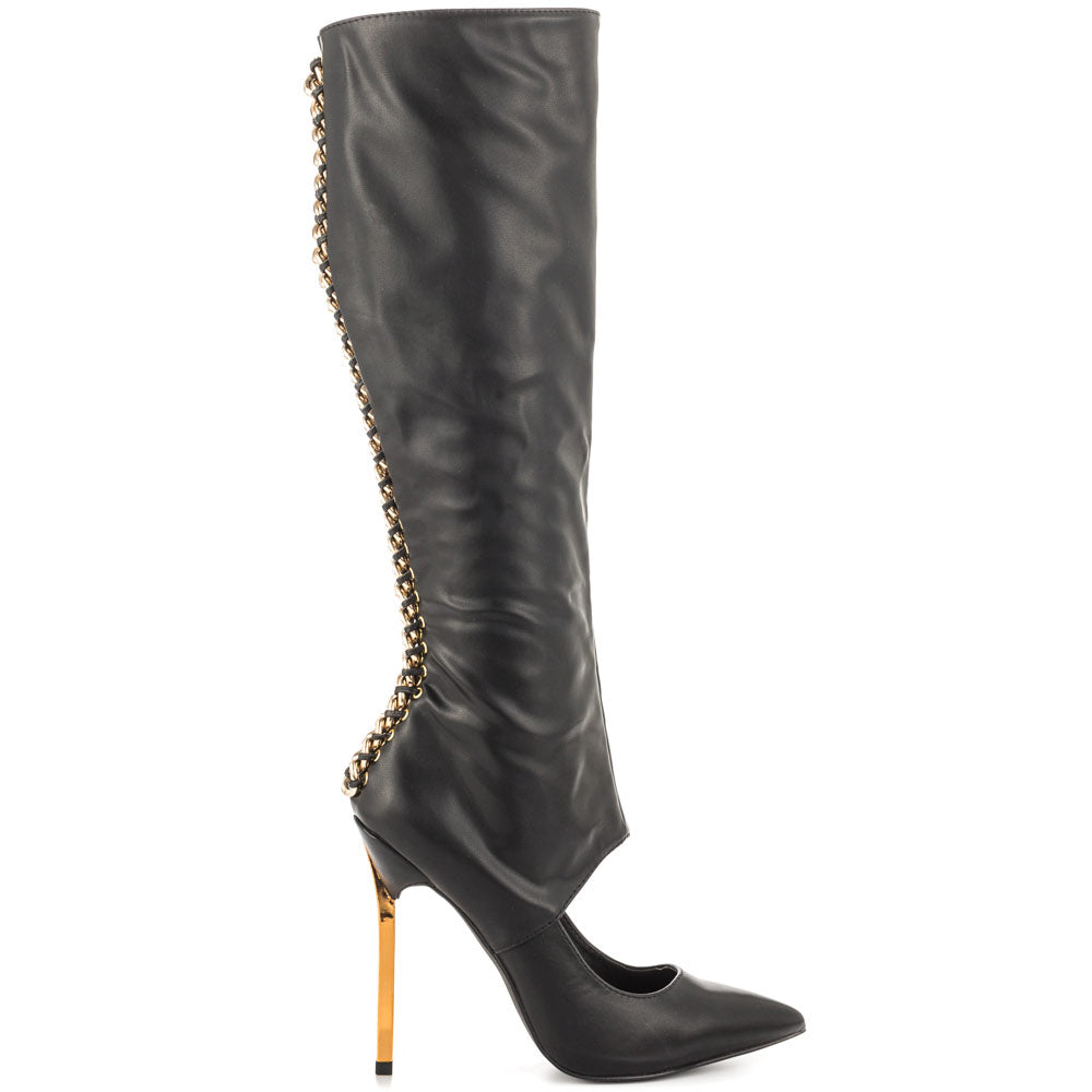 Black Sexy Cut Out Stiletto Heel Knee High Boots with Metal Chains