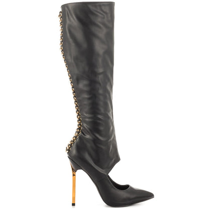 Black Sexy Cut Out Stiletto Heel Knee High Boots with Metal Chains