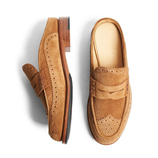 Khaki Vegan Suede Vintage Shoes Round Toe Low Heel Mule Loafers