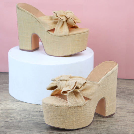 Beige Textile Open Toe Chunky Heel Platform Mules with Knot Bow