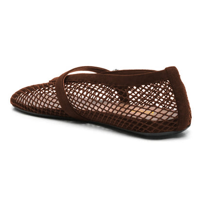 Women's Casual Brown Mesh Round Toe Flats with Buckle Strap