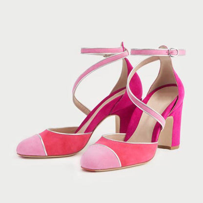 Multicolor Vegan Suede Patchwork Ankle Strap Block Heel Pumps