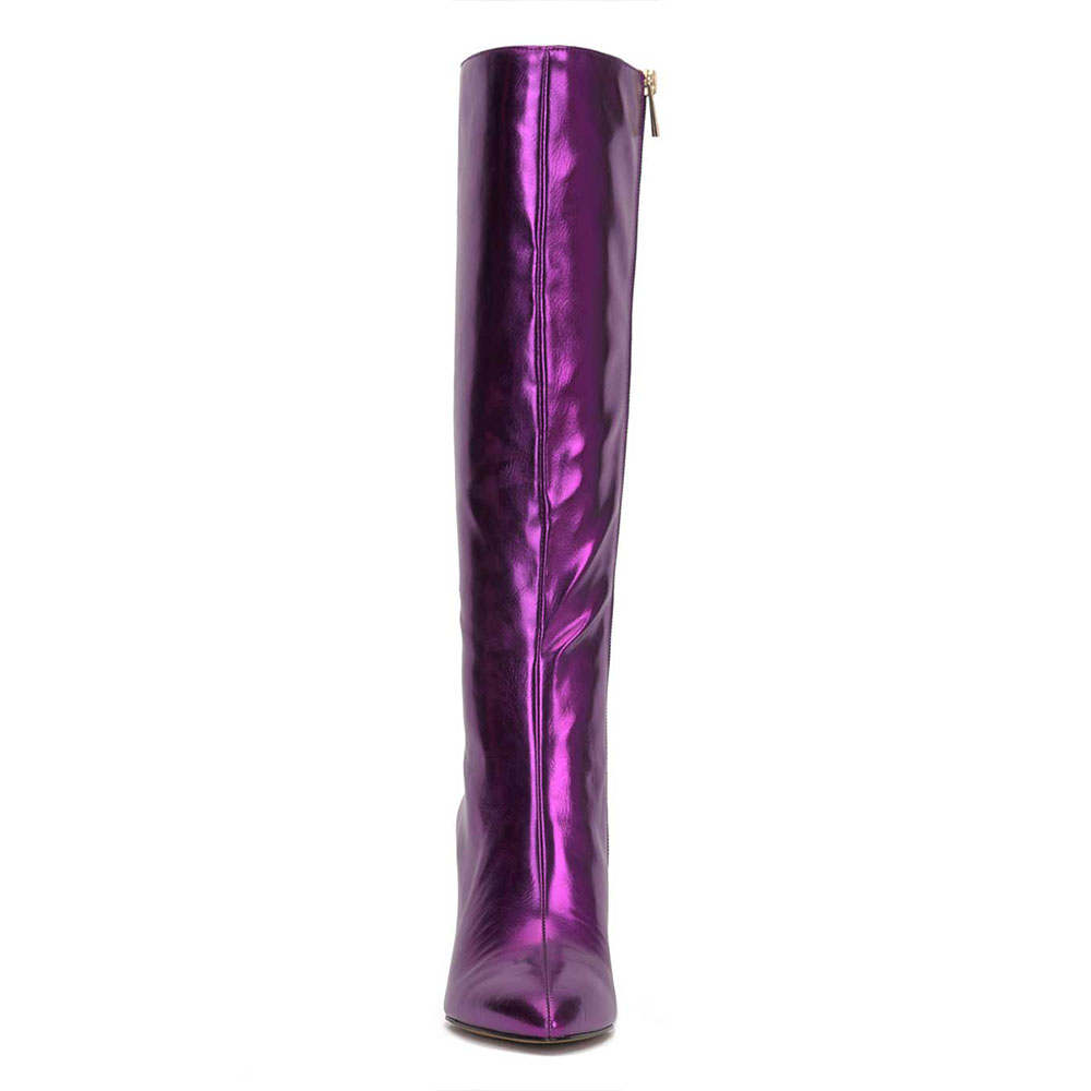 Purple Metallic Pointed Toe Chunky Heel Side Zipper Knee High Boots