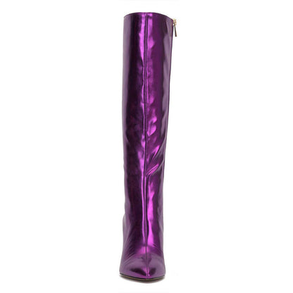 Purple Metallic Pointed Toe Chunky Heel Side Zipper Knee High Boots