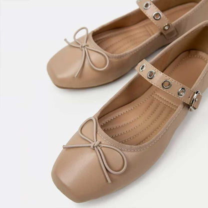 Stylish Nude Square Toe Bow Decor Ballet Flats with Buckled Strap
