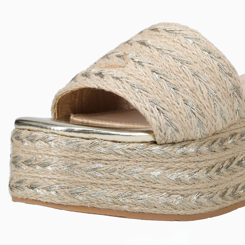 Beige & Gold Metallic Square Toe Platform Wedge Heel Mules Sandals