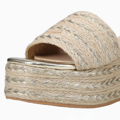 Beige & Gold Metallic Square Toe Platform Wedge Heel Mules Sandals