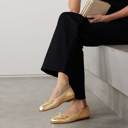Gold Vegan Leather Round Toe Slip-On Ballet Flats with Bow