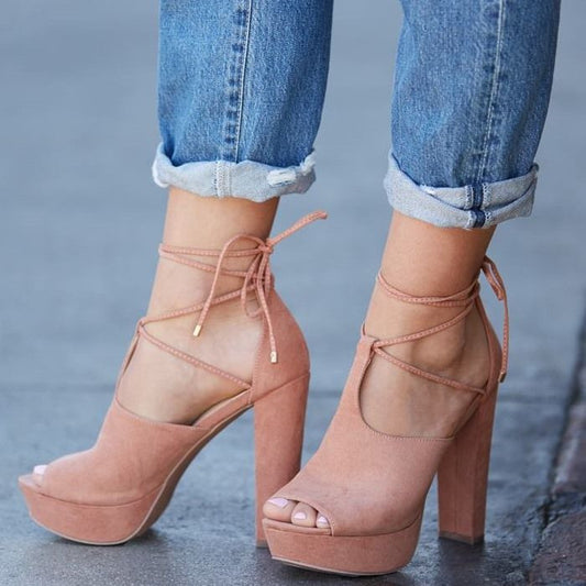 Women's Pink Vegan Suede Peep Toe Strappy Chunky Heels with Platform