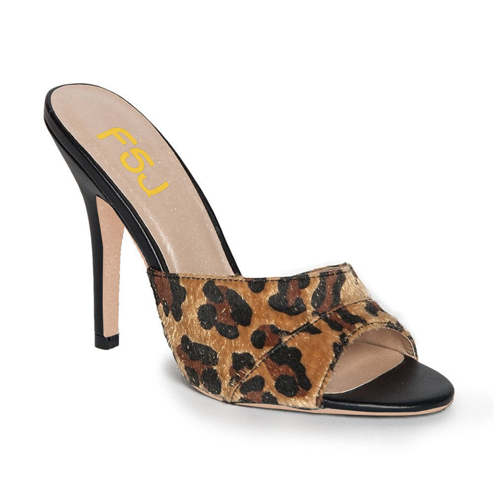 Brown Leopard Print Faux Horse Hair Peep Toe Mule Heels