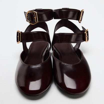 Maroon Round Toe Slingback Ballet Flats with Double Buckled Straps
