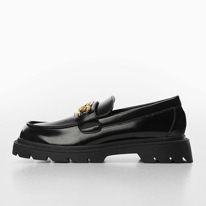 Black Patent Leather Round Toe Chunky Heel Slip-On Loafers