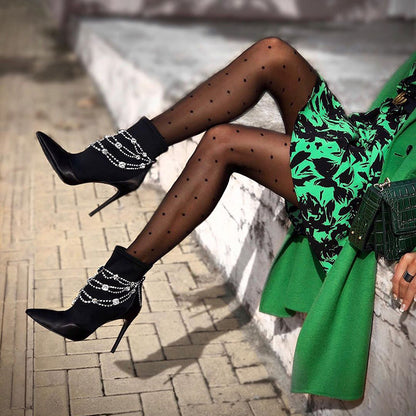 Black Satin Booties Faux Crystal Chain Stiletto Heel Ankle Boots